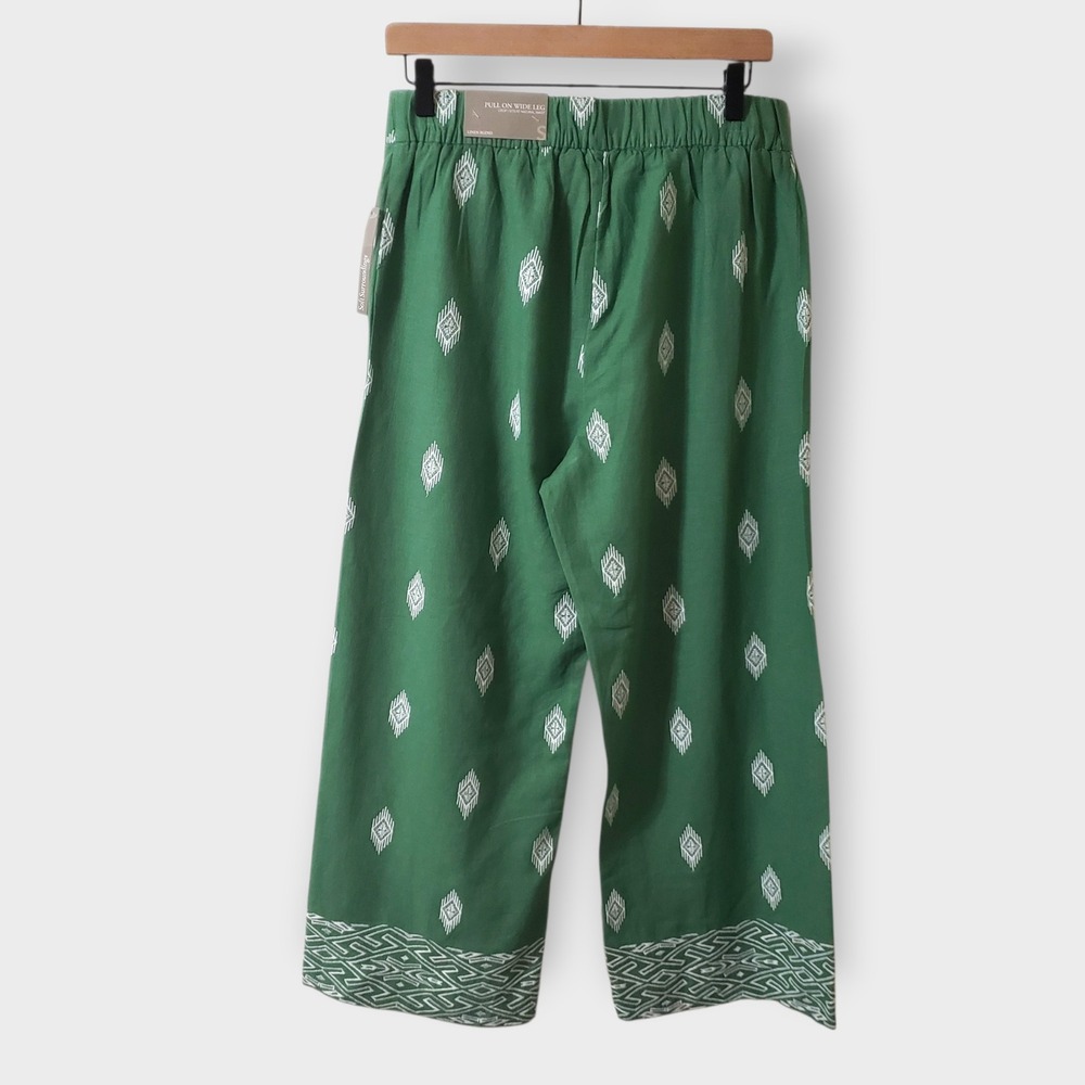NWT Soft Surroundings Green Embroidered Linen Blend Wide Leg Crop Pants Small - Picture 4 of 12